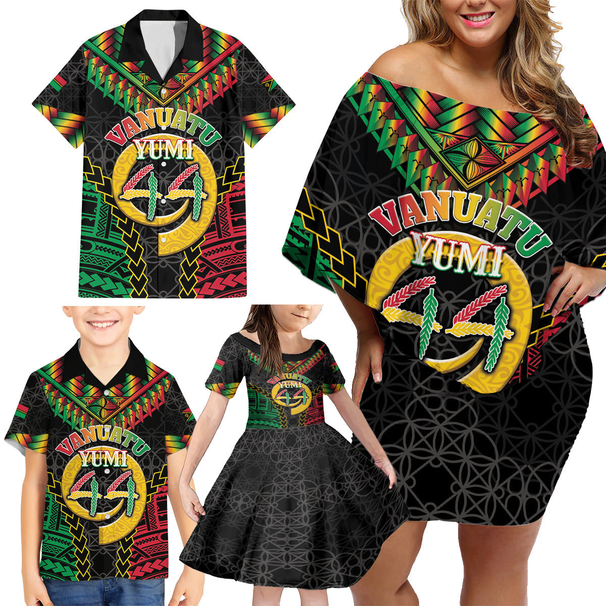 Vanuatu 44th Anniversary Independence Day Family Matching Off Shoulder Short Dress and Hawaiian Shirt Melanesian Warrior With Sand Drawing Pattern