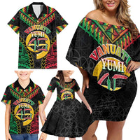 Vanuatu 45th Anniversary Independence Day Family Matching Off Shoulder Short Dress and Hawaiian Shirt Melanesian Warrior With Sand Drawing Pattern LT05
