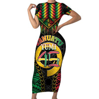 Vanuatu 45th Anniversary Independence Day Family Matching Short Sleeve Bodycon Dress and Hawaiian Shirt Melanesian Warrior With Sand Drawing Pattern LT05
