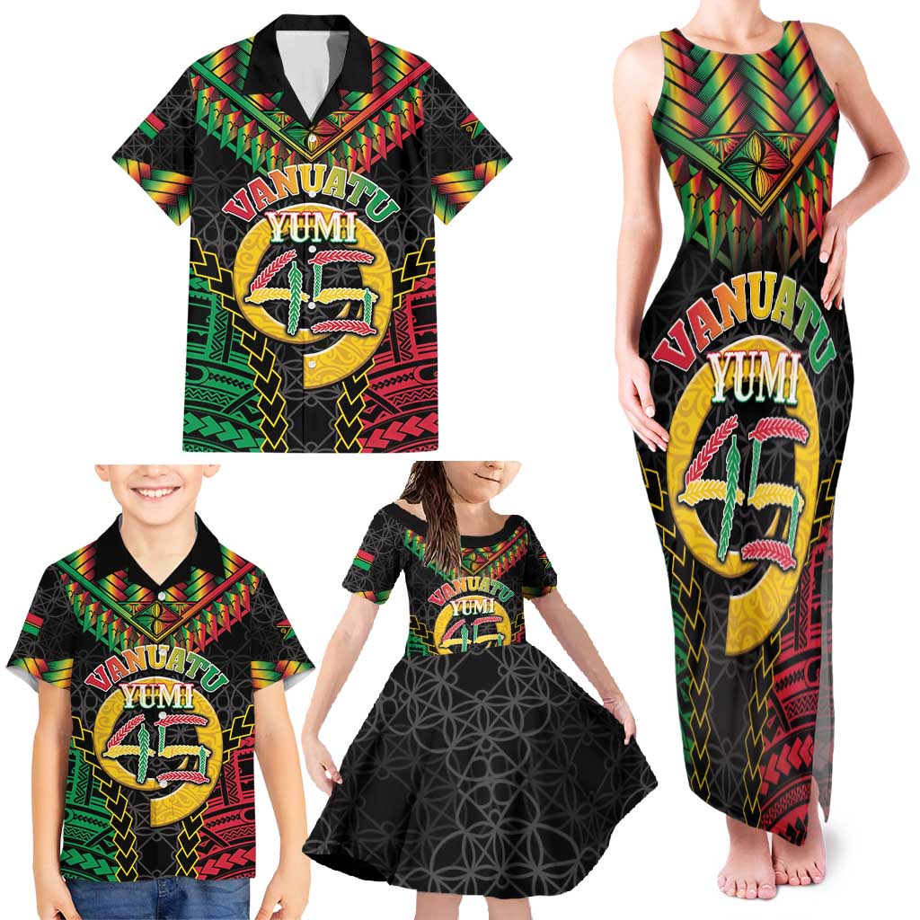 Vanuatu 45th Anniversary Independence Day Family Matching Tank Maxi Dress and Hawaiian Shirt Melanesian Warrior With Sand Drawing Pattern LT05