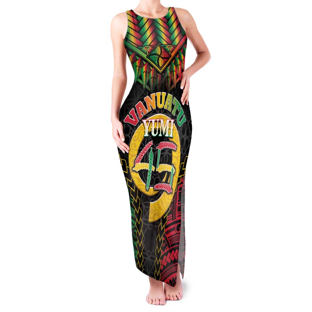 Vanuatu 45th Anniversary Independence Day Family Matching Tank Maxi Dress and Hawaiian Shirt Melanesian Warrior With Sand Drawing Pattern LT05