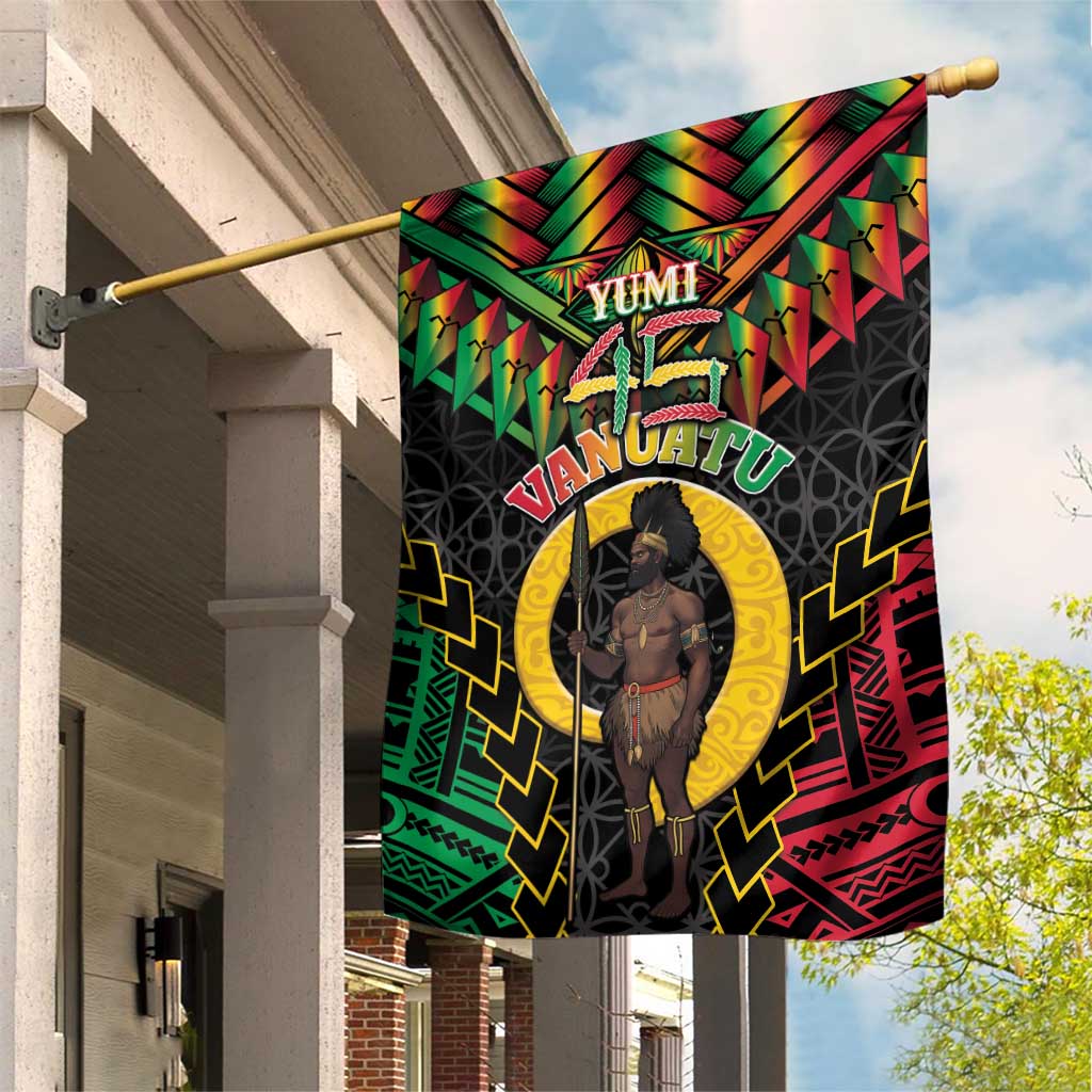 Vanuatu 45th Anniversary Independence Day Garden Flag Melanesian Warrior With Sand Drawing Pattern LT05 House Flag Black - Polynesian Pride