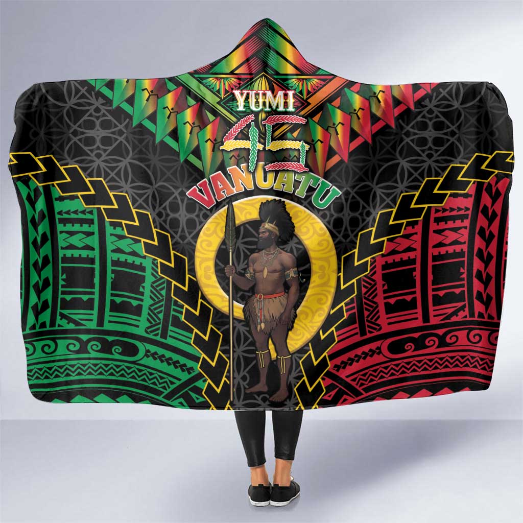 Vanuatu 45th Anniversary Independence Day Hooded Blanket Melanesian Warrior With Sand Drawing Pattern LT05 One Size Black - Polynesian Pride