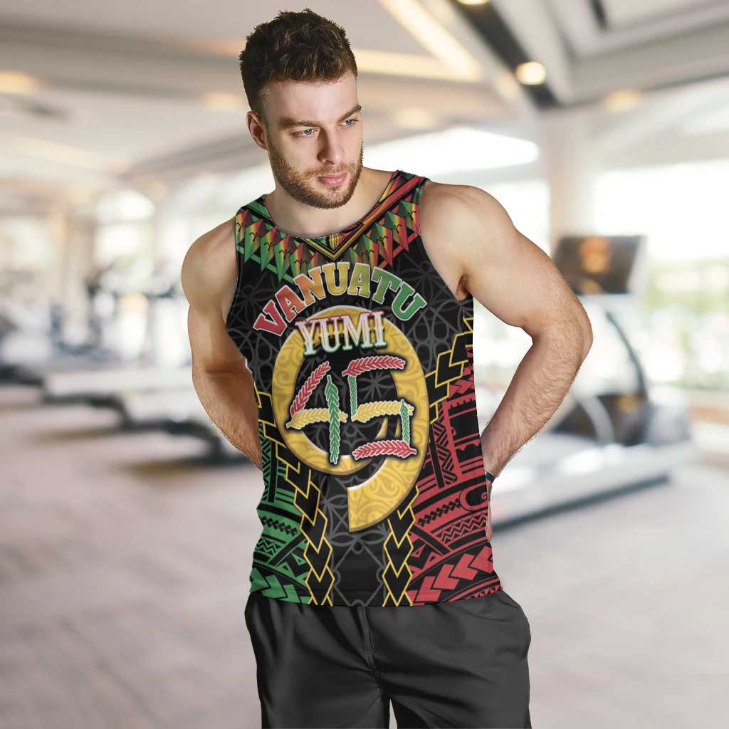 Vanuatu 45th Anniversary Independence Day Men Tank Top Melanesian Warrior With Sand Drawing Pattern LT05 Black - Polynesian Pride
