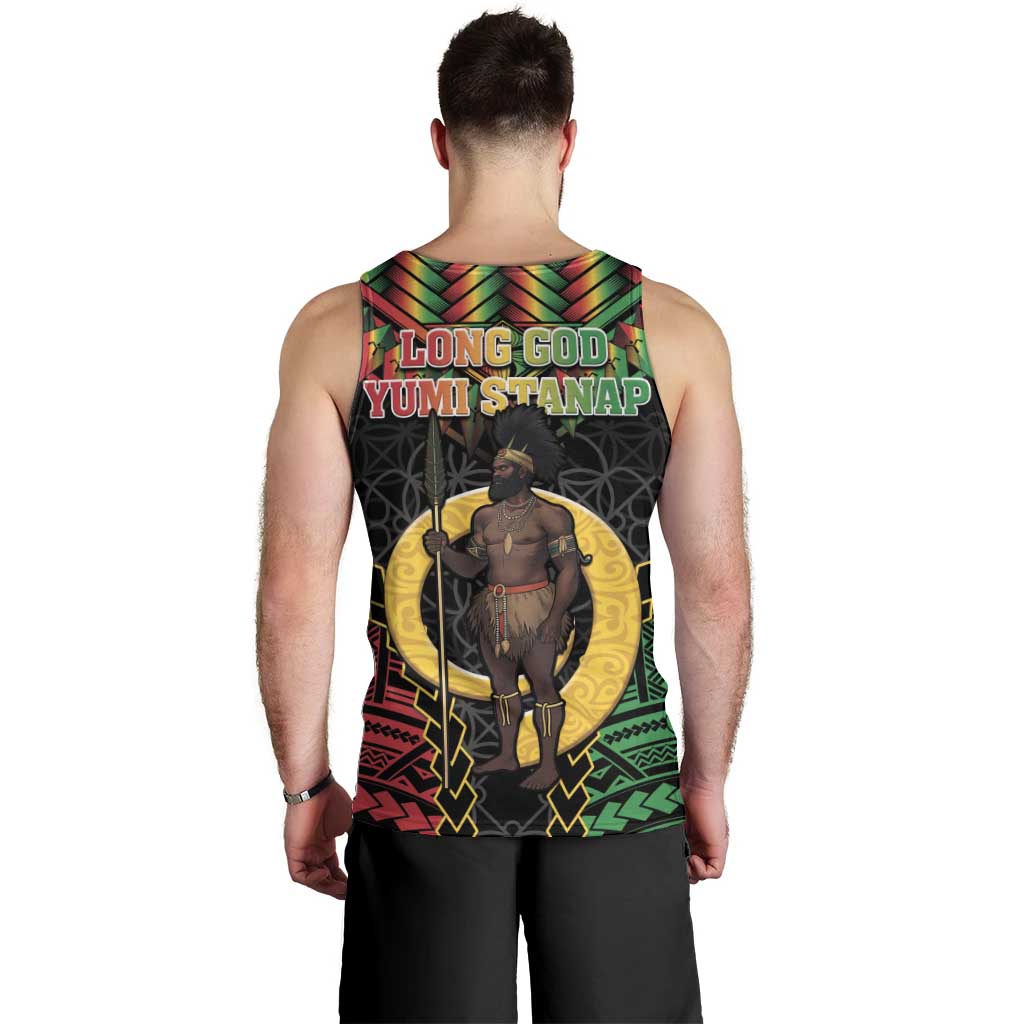 Vanuatu 45th Anniversary Independence Day Men Tank Top Melanesian Warrior With Sand Drawing Pattern LT05 - Polynesian Pride
