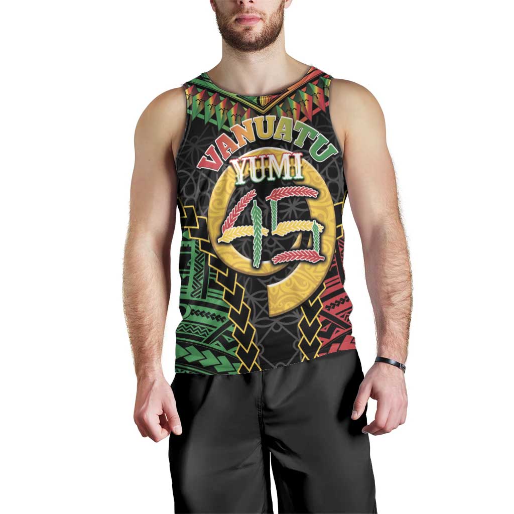 Vanuatu 45th Anniversary Independence Day Men Tank Top Melanesian Warrior With Sand Drawing Pattern LT05 - Polynesian Pride