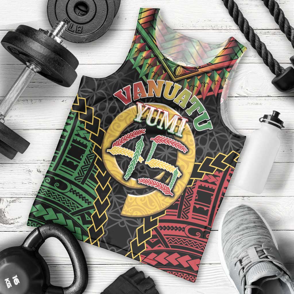 Vanuatu 45th Anniversary Independence Day Men Tank Top Melanesian Warrior With Sand Drawing Pattern LT05 - Polynesian Pride