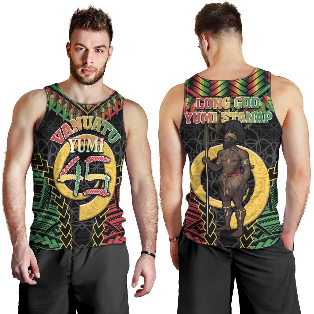 Vanuatu 45th Anniversary Independence Day Men Tank Top Melanesian Warrior With Sand Drawing Pattern LT05 - Polynesian Pride