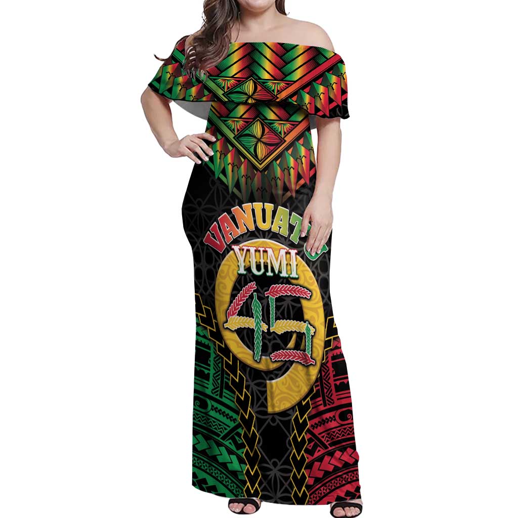 Vanuatu 45th Anniversary Independence Day Off Shoulder Maxi Dress Melanesian Warrior With Sand Drawing Pattern LT05 Women Black - Polynesian Pride