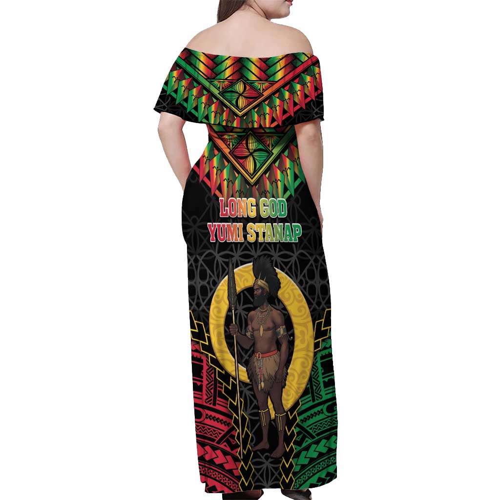Vanuatu 45th Anniversary Independence Day Off Shoulder Maxi Dress Melanesian Warrior With Sand Drawing Pattern LT05 - Polynesian Pride