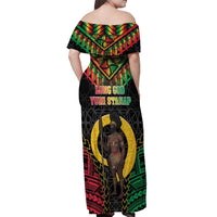 Vanuatu 45th Anniversary Independence Day Off Shoulder Maxi Dress Melanesian Warrior With Sand Drawing Pattern LT05 - Polynesian Pride