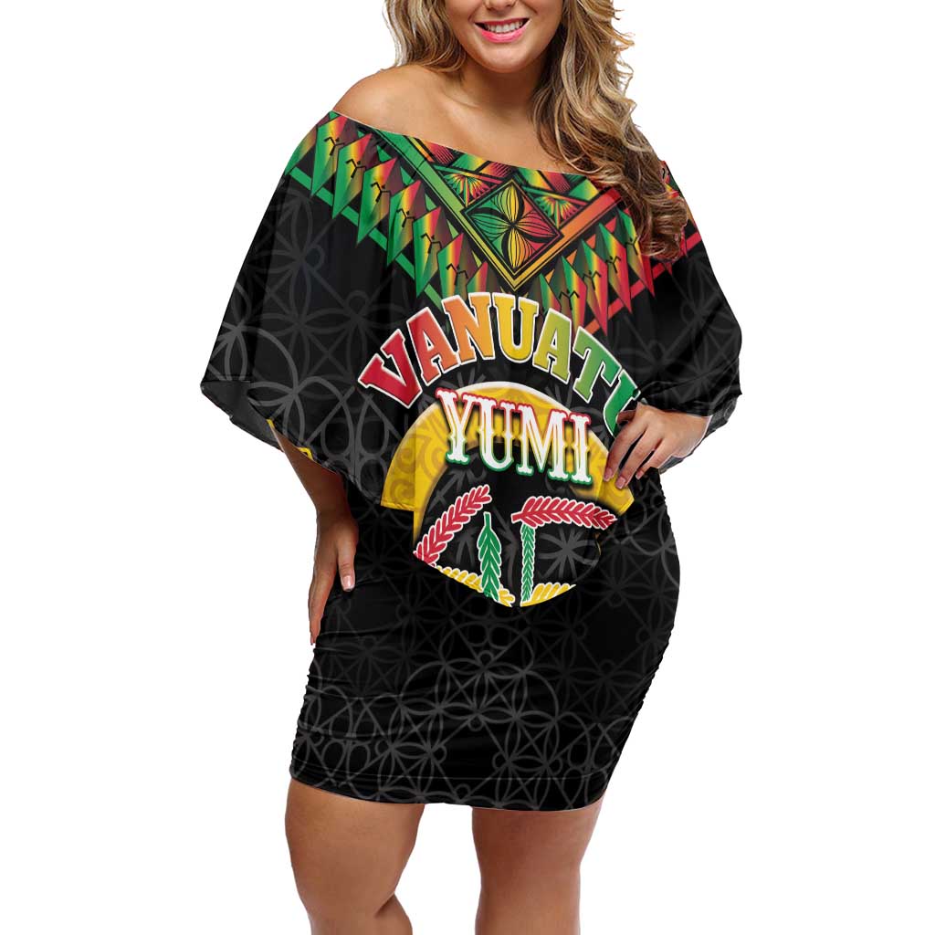 Vanuatu 45th Anniversary Independence Day Off Shoulder Short Dress Melanesian Warrior With Sand Drawing Pattern LT05 Women Black - Polynesian Pride