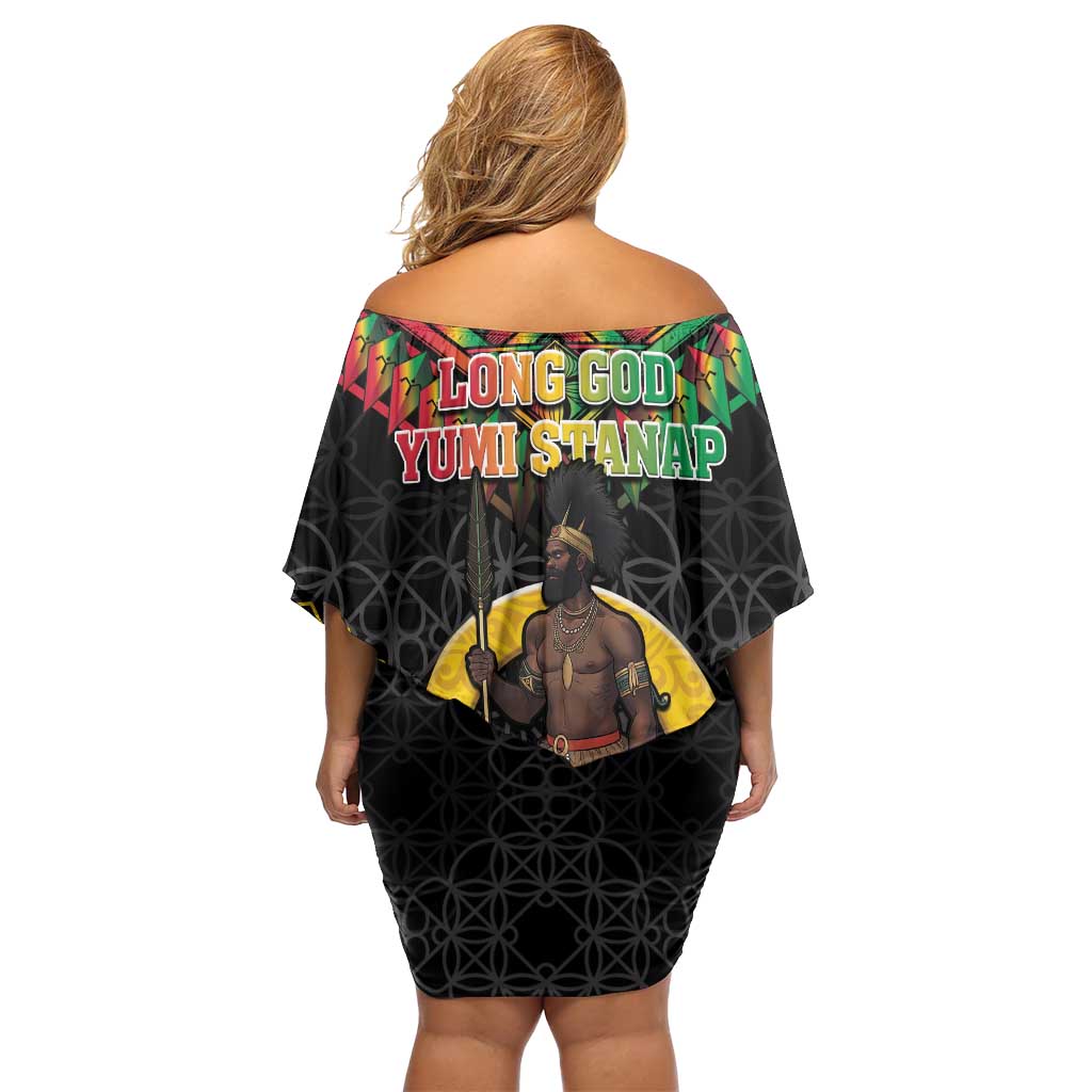 Vanuatu 45th Anniversary Independence Day Off Shoulder Short Dress Melanesian Warrior With Sand Drawing Pattern LT05 - Polynesian Pride