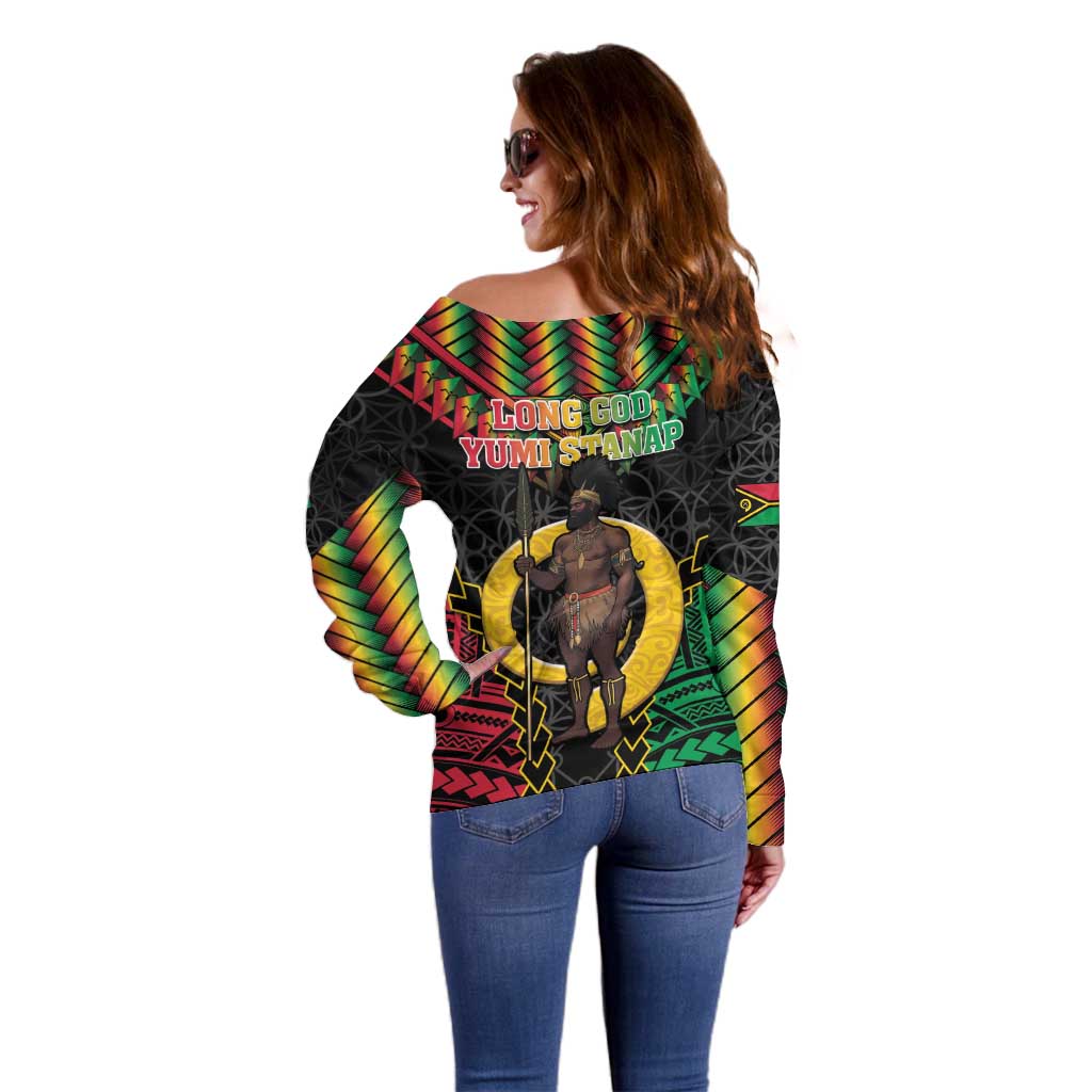 Vanuatu 45th Anniversary Independence Day Off Shoulder Sweater Melanesian Warrior With Sand Drawing Pattern LT05