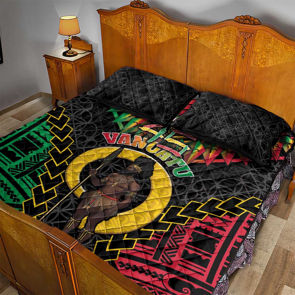 Vanuatu 45th Anniversary Independence Day Quilt Bed Set Melanesian Warrior With Sand Drawing Pattern LT05 - Polynesian Pride