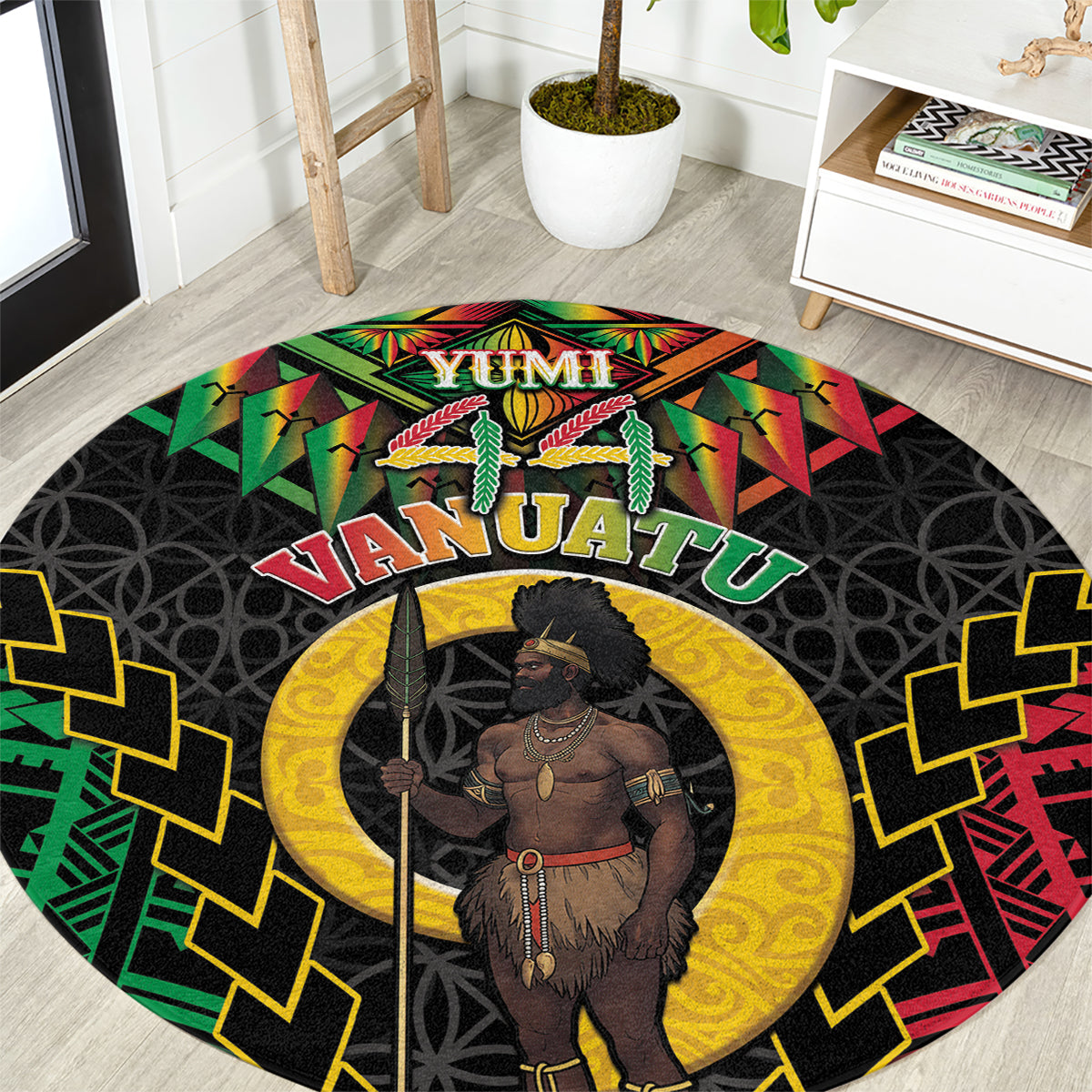 Vanuatu 44th Anniversary Independence Day Round Carpet Melanesian Warrior With Sand Drawing Pattern