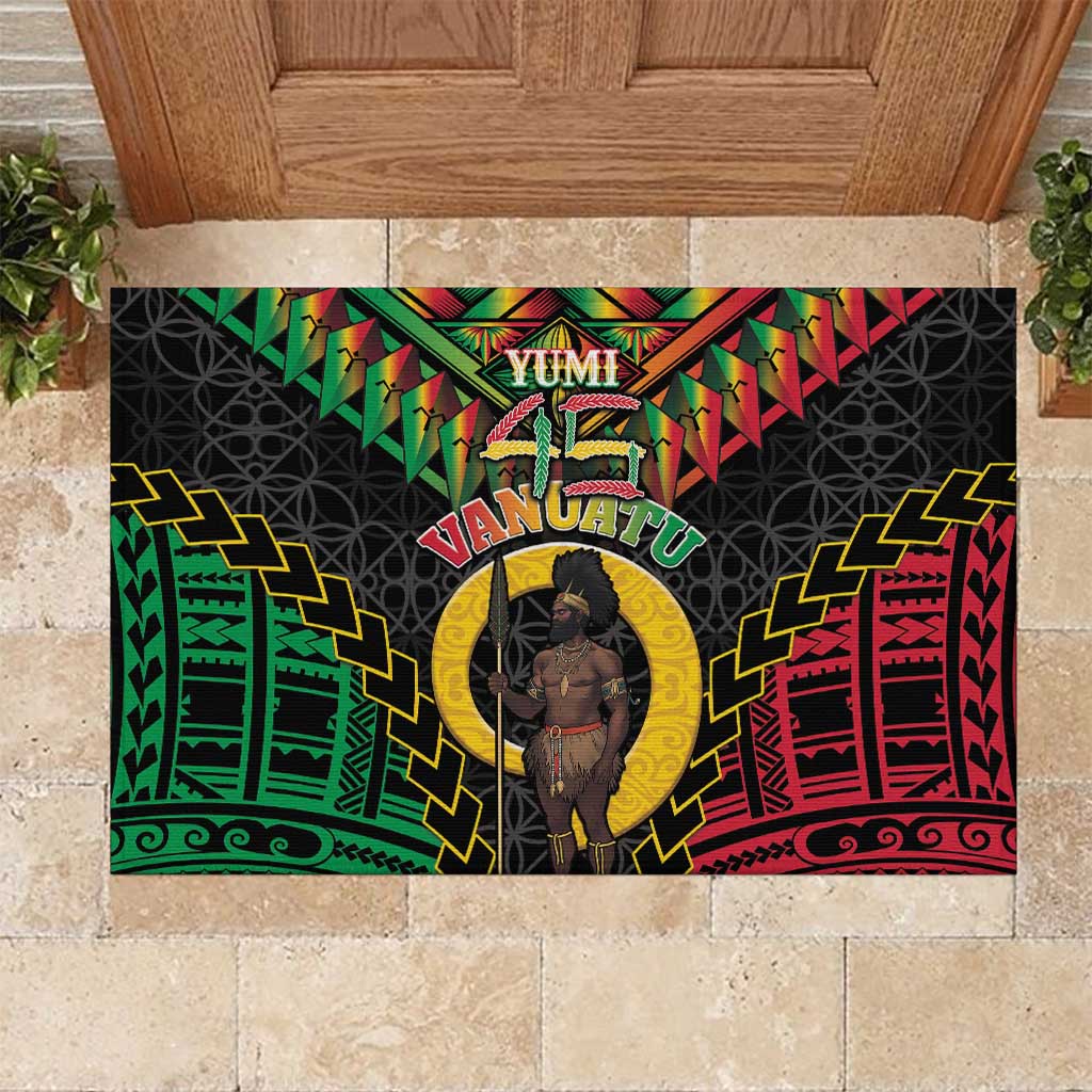 Vanuatu 45th Anniversary Independence Day Rubber Doormat Melanesian Warrior With Sand Drawing Pattern LT05 Black - Polynesian Pride