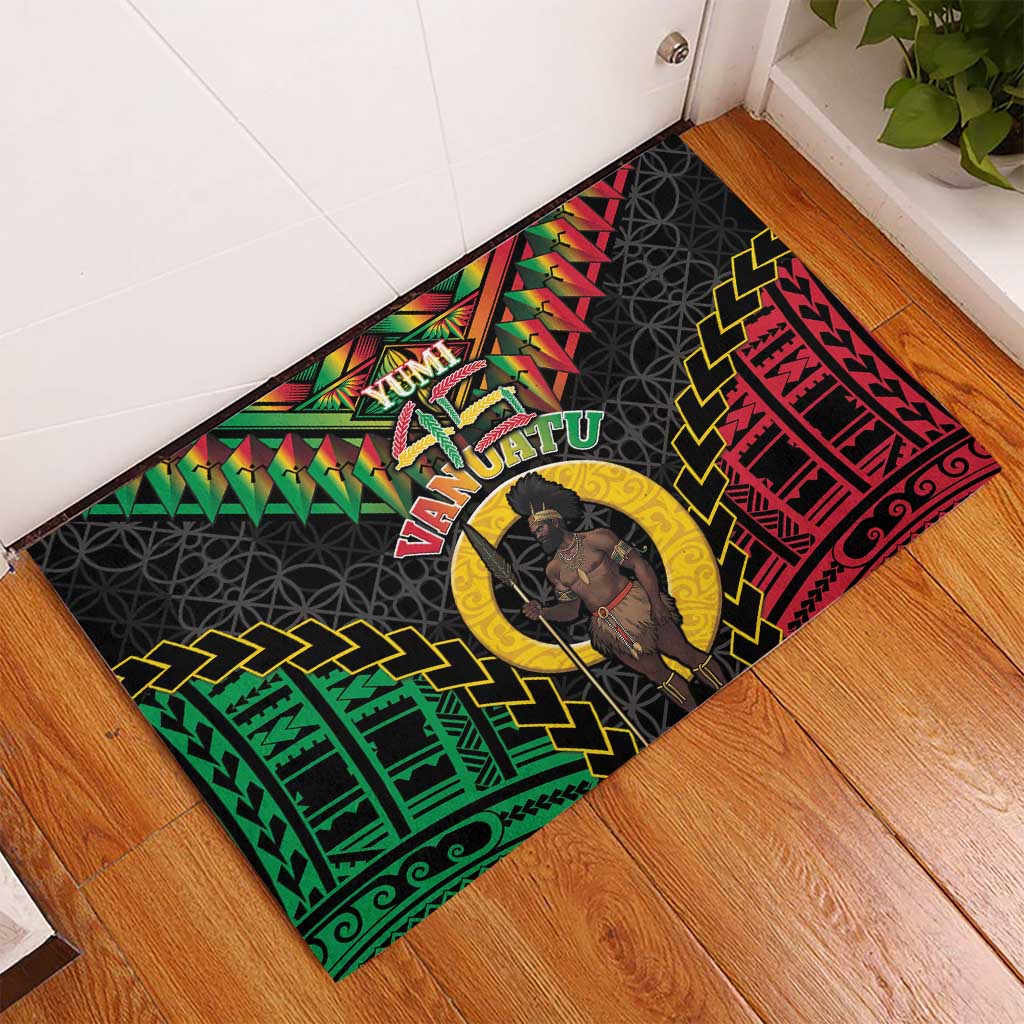 Vanuatu 45th Anniversary Independence Day Rubber Doormat Melanesian Warrior With Sand Drawing Pattern LT05 - Polynesian Pride