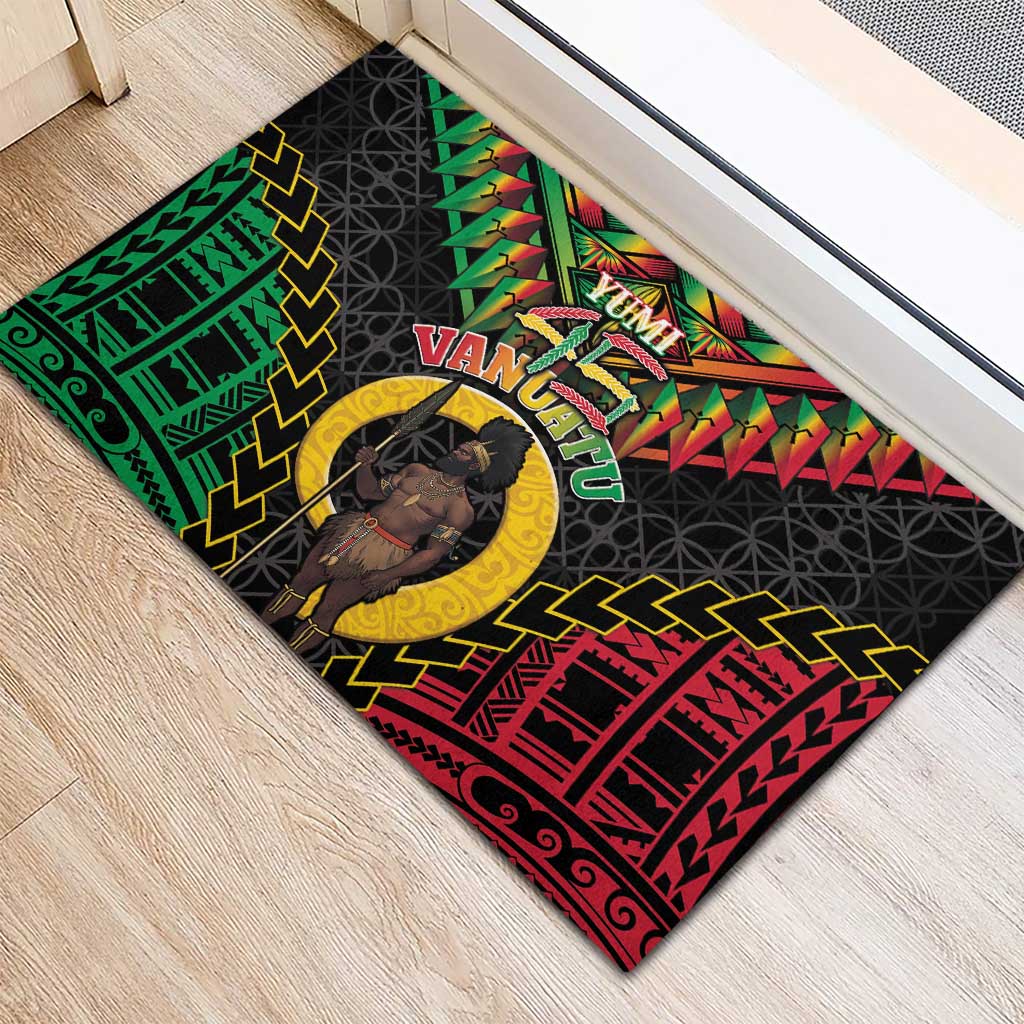 Vanuatu 45th Anniversary Independence Day Rubber Doormat Melanesian Warrior With Sand Drawing Pattern LT05 - Polynesian Pride