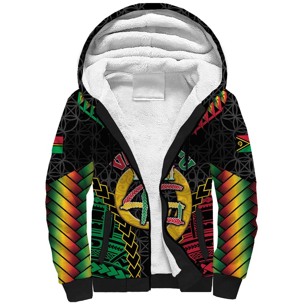 Vanuatu 45th Anniversary Independence Day Sherpa Hoodie Melanesian Warrior With Sand Drawing Pattern LT05 Unisex Black - Polynesian Pride