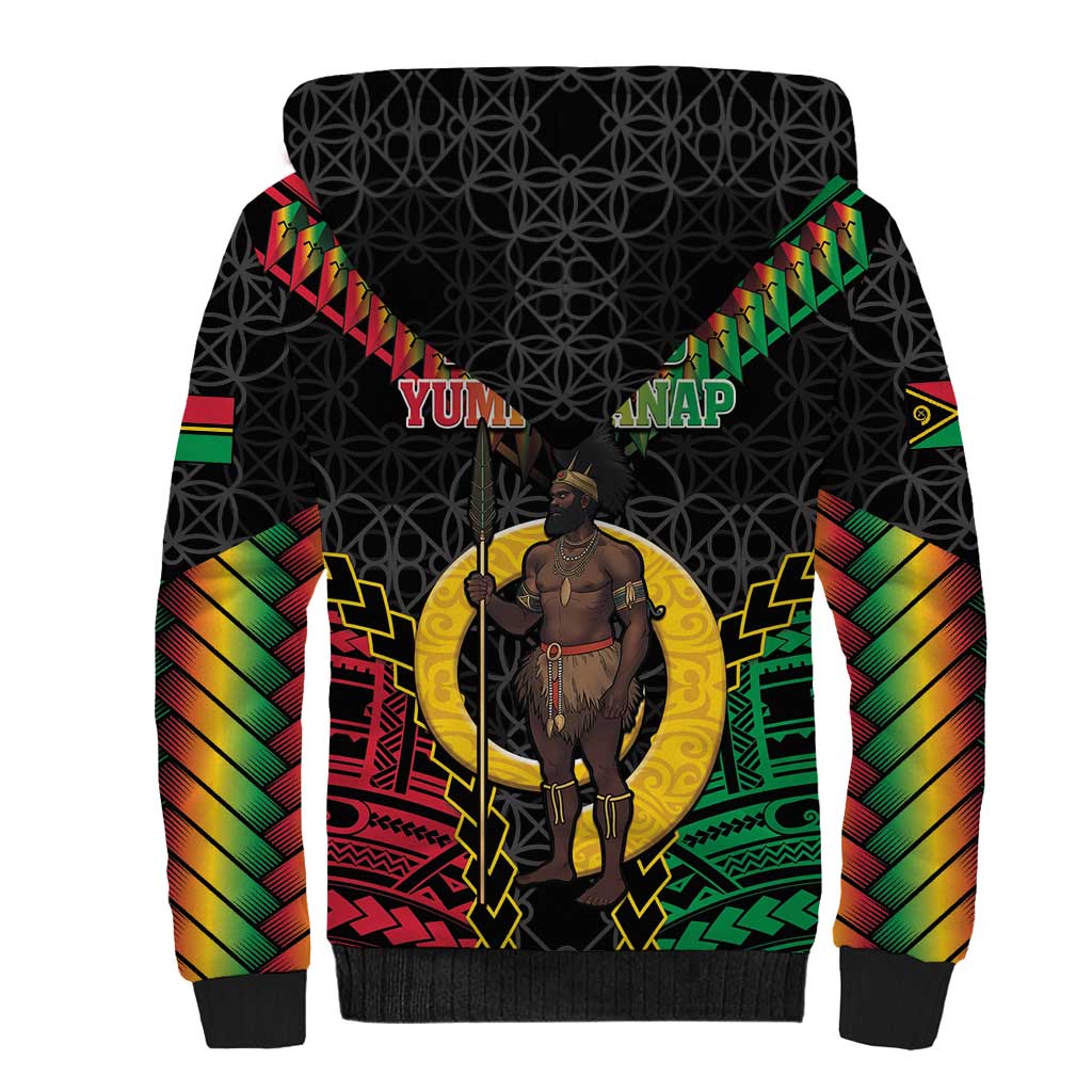 Vanuatu 45th Anniversary Independence Day Sherpa Hoodie Melanesian Warrior With Sand Drawing Pattern LT05 - Polynesian Pride