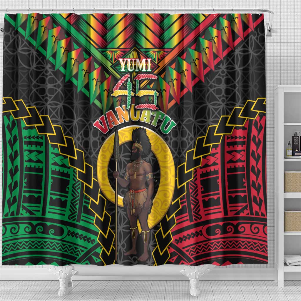 Vanuatu 45th Anniversary Independence Day Shower Curtain Melanesian Warrior With Sand Drawing Pattern LT05