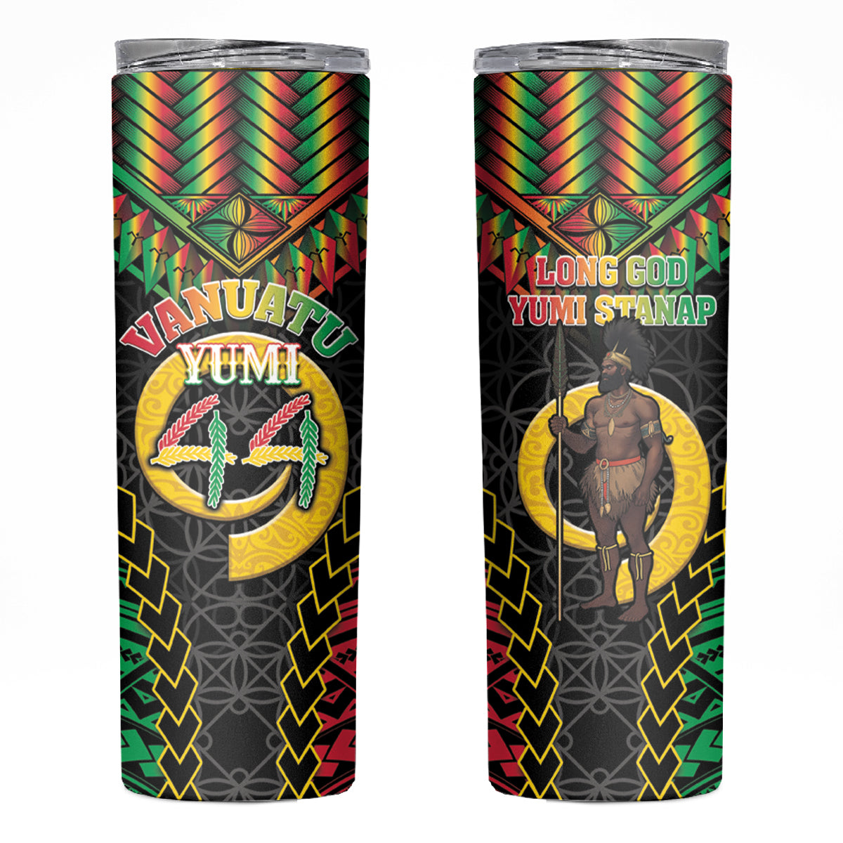Vanuatu 44th Anniversary Independence Day Skinny Tumbler Melanesian Warrior With Sand Drawing Pattern