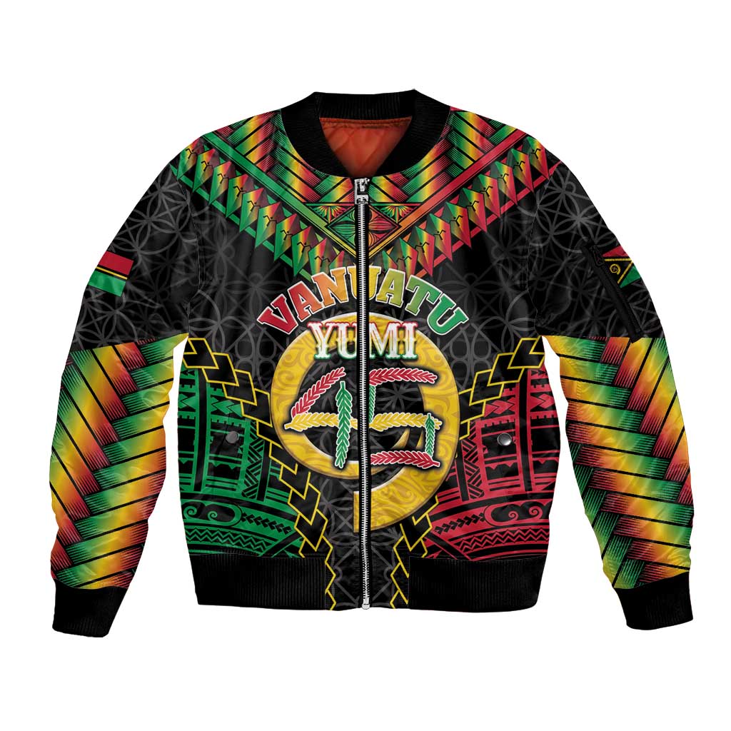 Vanuatu 45th Anniversary Independence Day Sleeve Zip Bomber Jacket Melanesian Warrior With Sand Drawing Pattern LT05 Unisex Black - Polynesian Pride