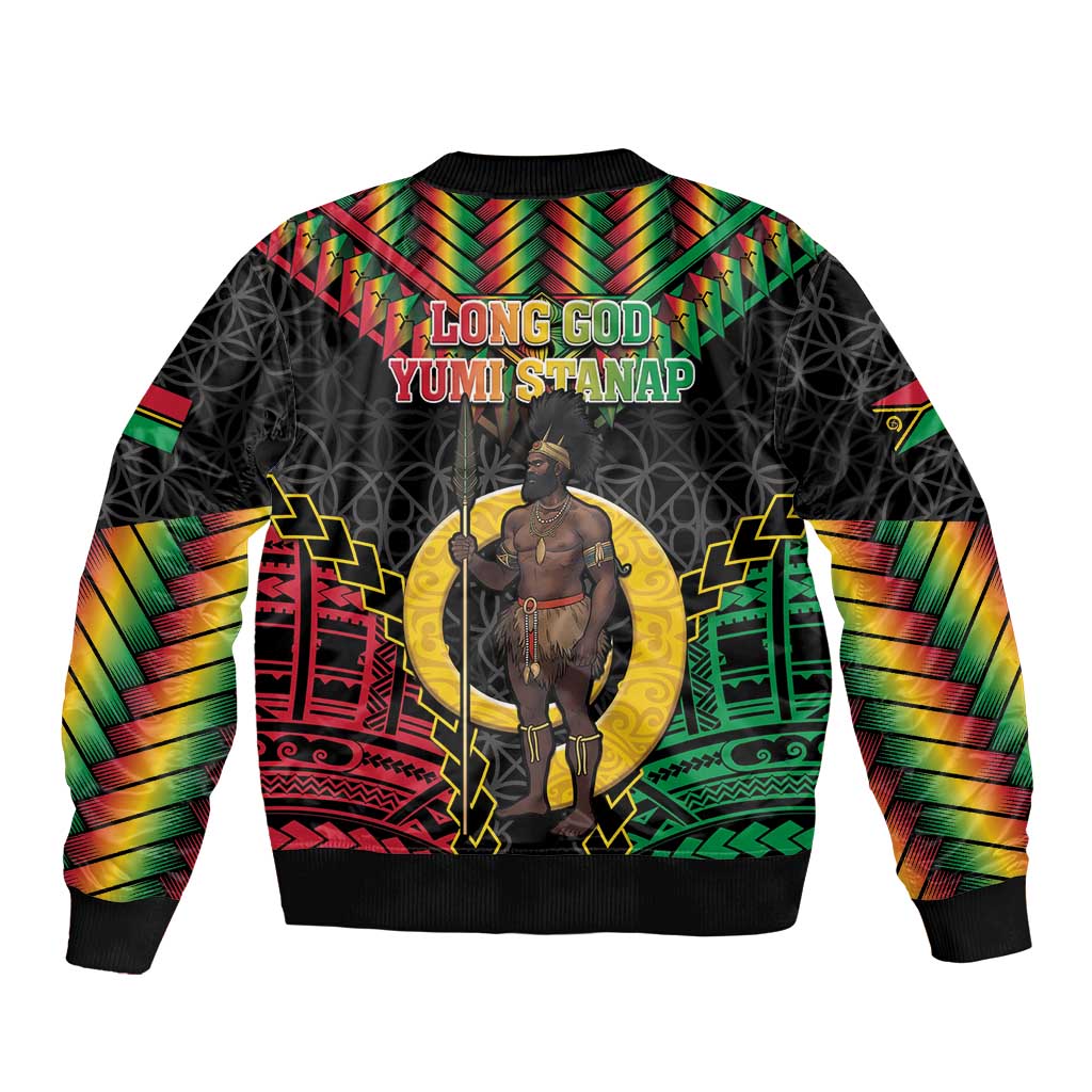 Vanuatu 45th Anniversary Independence Day Sleeve Zip Bomber Jacket Melanesian Warrior With Sand Drawing Pattern LT05 - Polynesian Pride