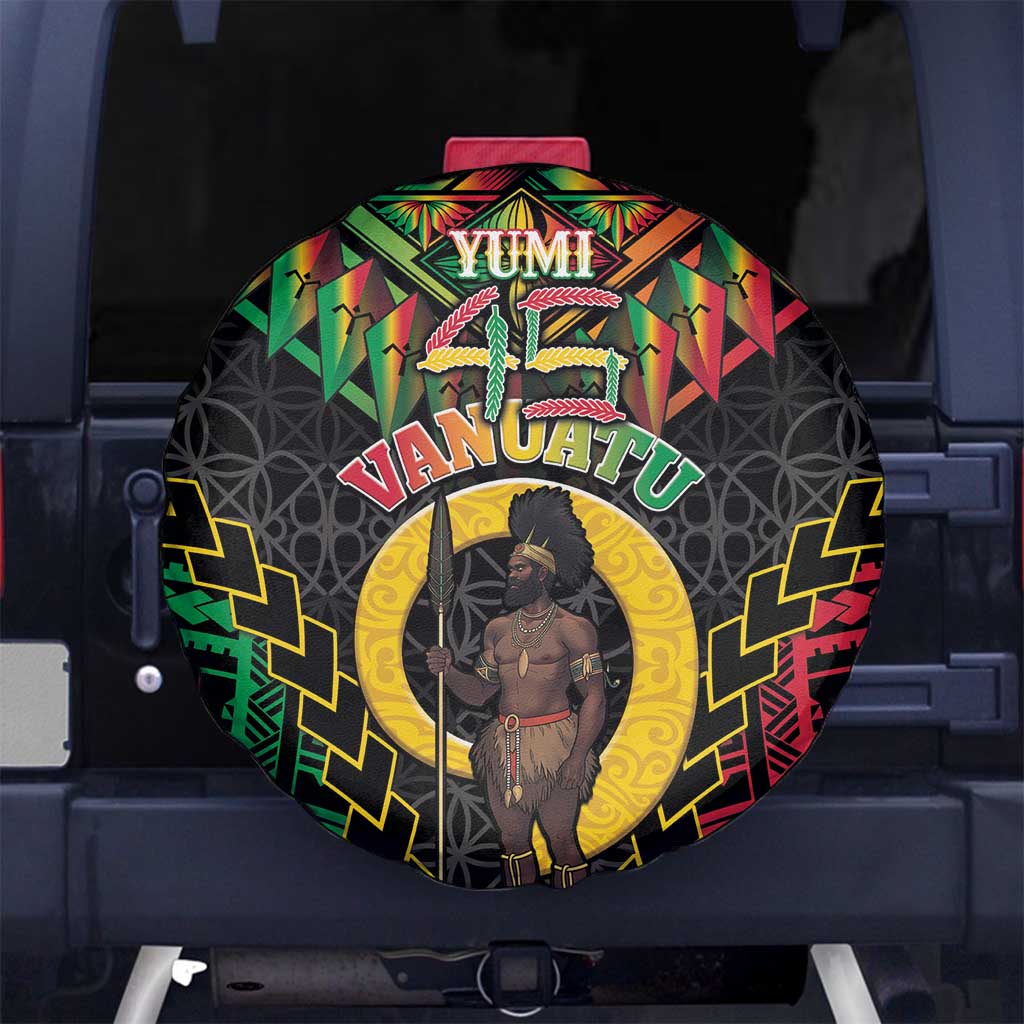 Vanuatu 45th Anniversary Independence Day Spare Tire Cover Melanesian Warrior With Sand Drawing Pattern LT05 No hole Black - Polynesian Pride
