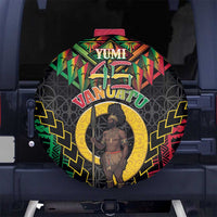 Vanuatu 45th Anniversary Independence Day Spare Tire Cover Melanesian Warrior With Sand Drawing Pattern LT05 No hole Black - Polynesian Pride