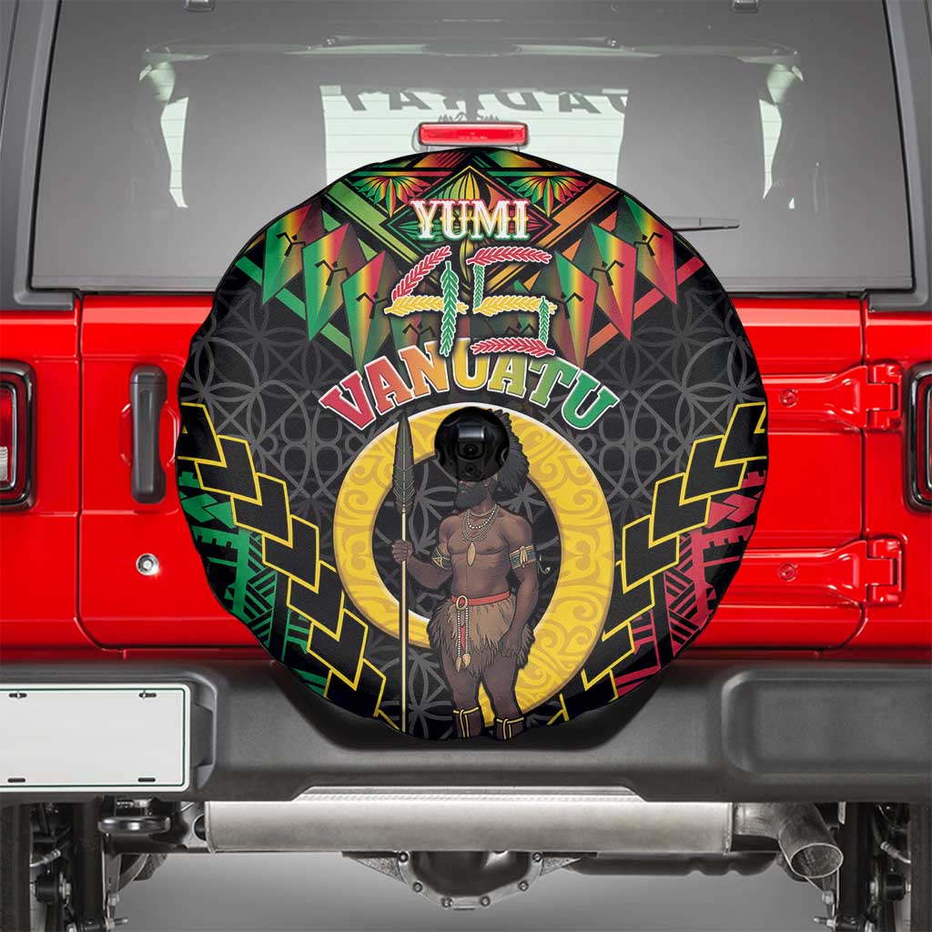 Vanuatu 45th Anniversary Independence Day Spare Tire Cover Melanesian Warrior With Sand Drawing Pattern LT05 - Polynesian Pride