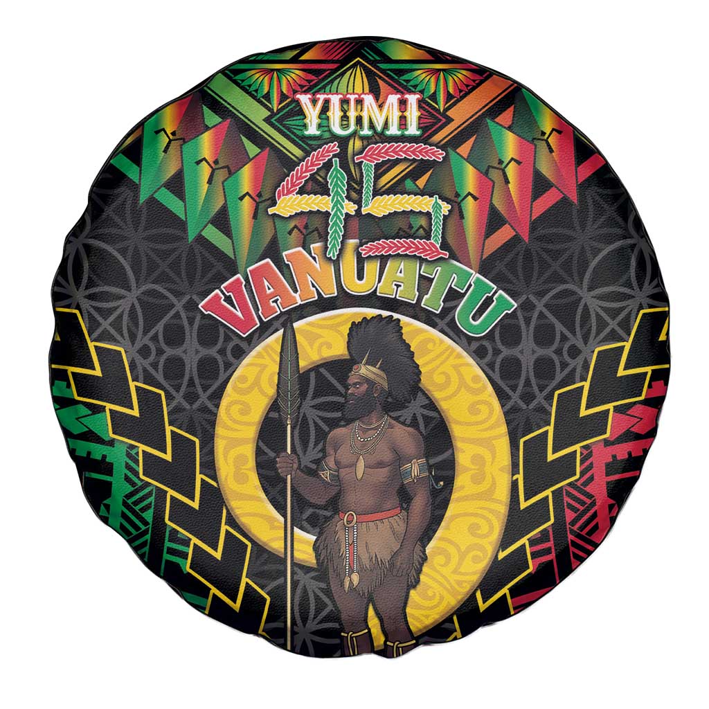 Vanuatu 45th Anniversary Independence Day Spare Tire Cover Melanesian Warrior With Sand Drawing Pattern LT05 - Polynesian Pride