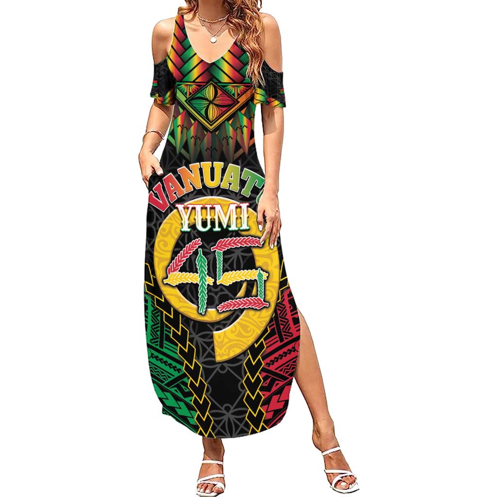 Vanuatu 45th Anniversary Independence Day Summer Maxi Dress Melanesian Warrior With Sand Drawing Pattern LT05 Women Black - Polynesian Pride