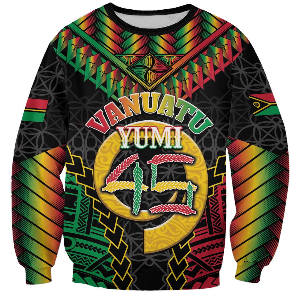 Vanuatu 45th Anniversary Independence Day Sweatshirt Melanesian Warrior With Sand Drawing Pattern LT05 Unisex Black - Polynesian Pride