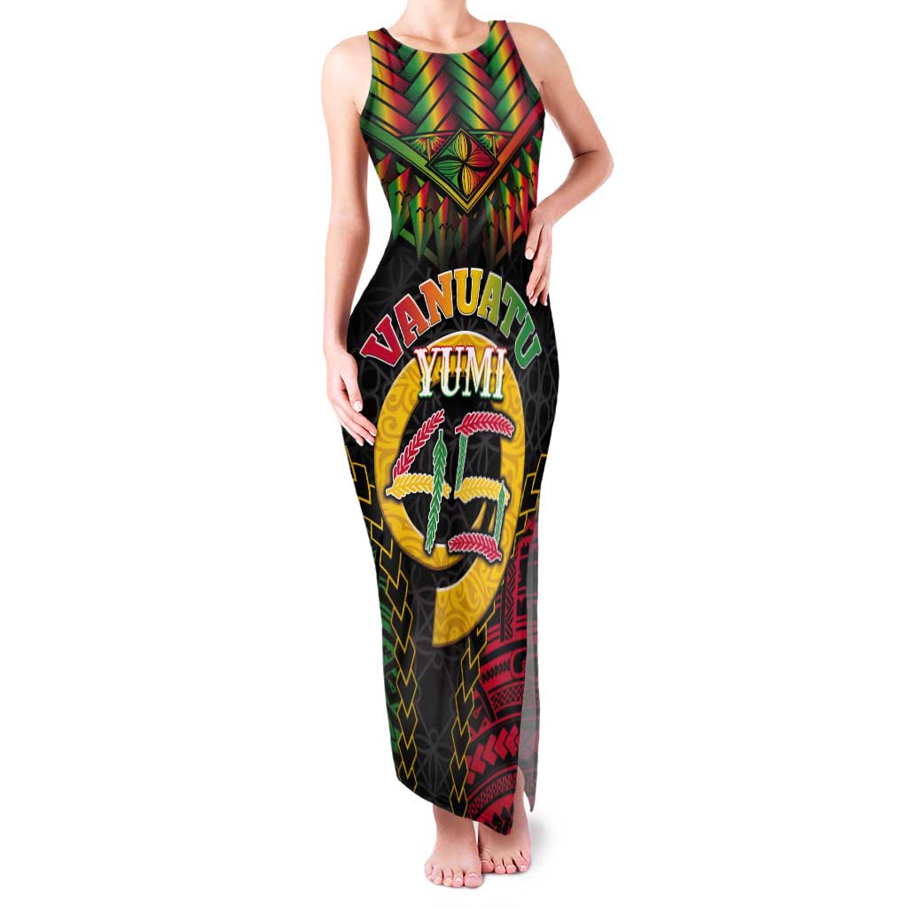Vanuatu 45th Anniversary Independence Day Tank Maxi Dress Melanesian Warrior With Sand Drawing Pattern LT05 Women Black - Polynesian Pride