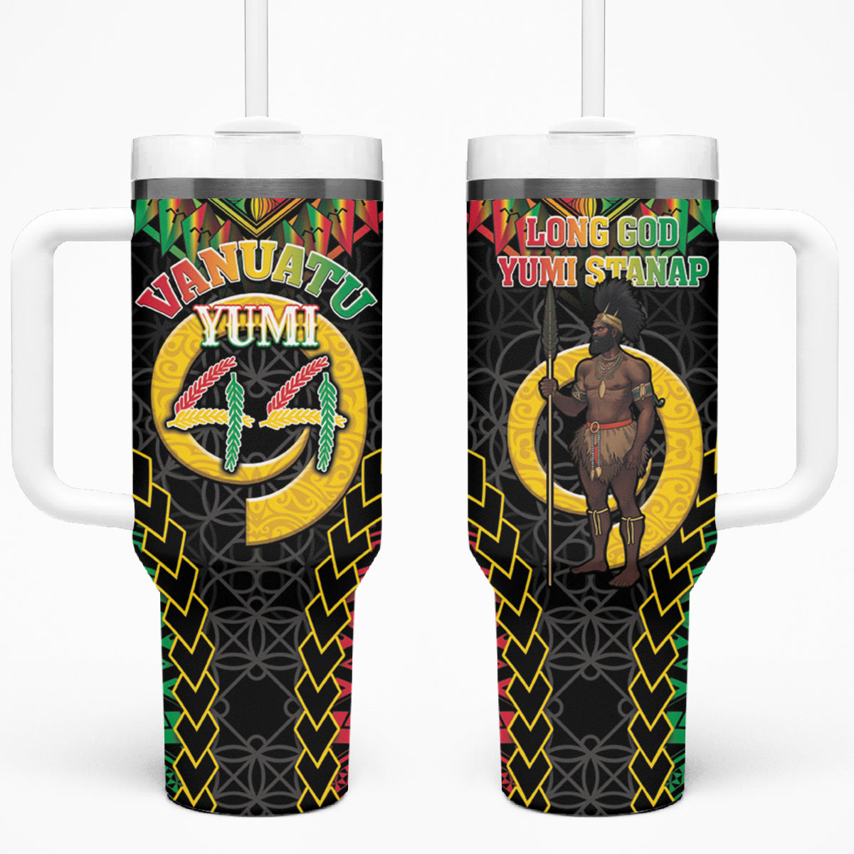 Vanuatu 44th Anniversary Independence Day Tumbler With Handle Melanesian Warrior With Sand Drawing Pattern