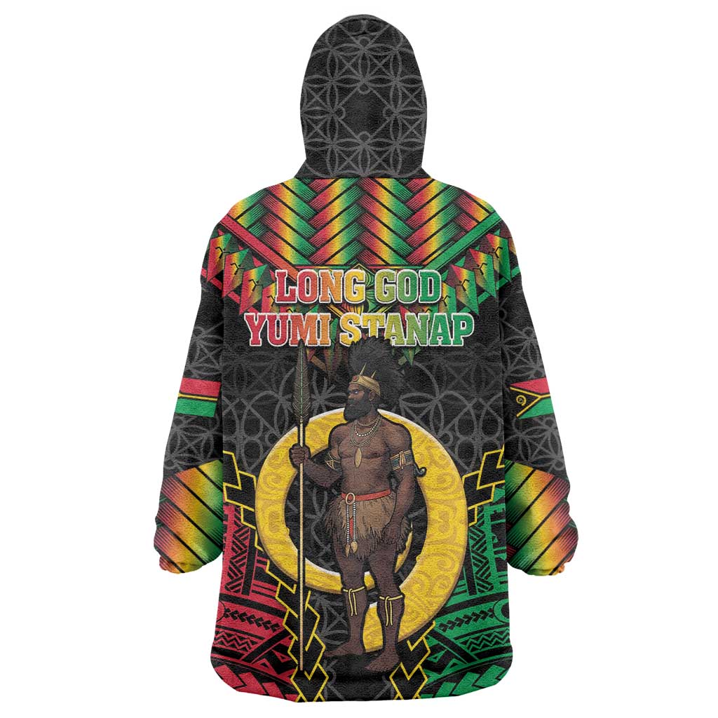 Vanuatu 45th Anniversary Independence Day Wearable Blanket Hoodie Melanesian Warrior With Sand Drawing Pattern LT05