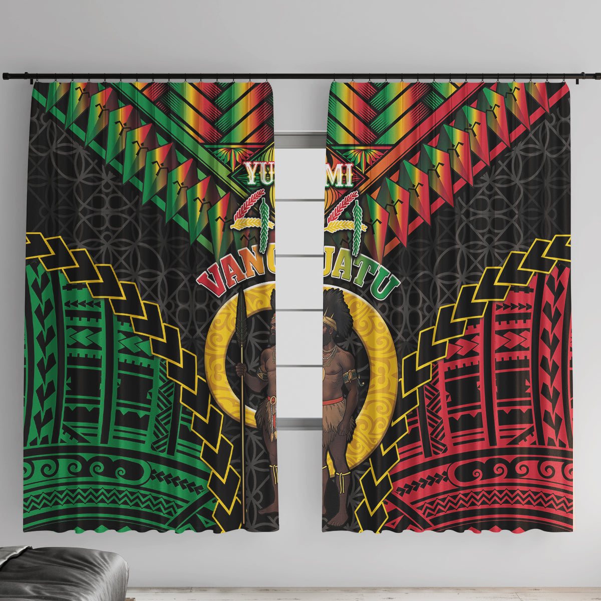 Vanuatu 44th Anniversary Independence Day Window Curtain Melanesian Warrior With Sand Drawing Pattern