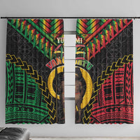 Vanuatu 45th Anniversary Independence Day Window Curtain Melanesian Warrior With Sand Drawing Pattern LT05 With Hooks Black - Polynesian Pride