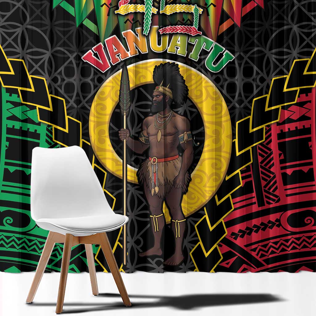 Vanuatu 45th Anniversary Independence Day Window Curtain Melanesian Warrior With Sand Drawing Pattern LT05 - Polynesian Pride