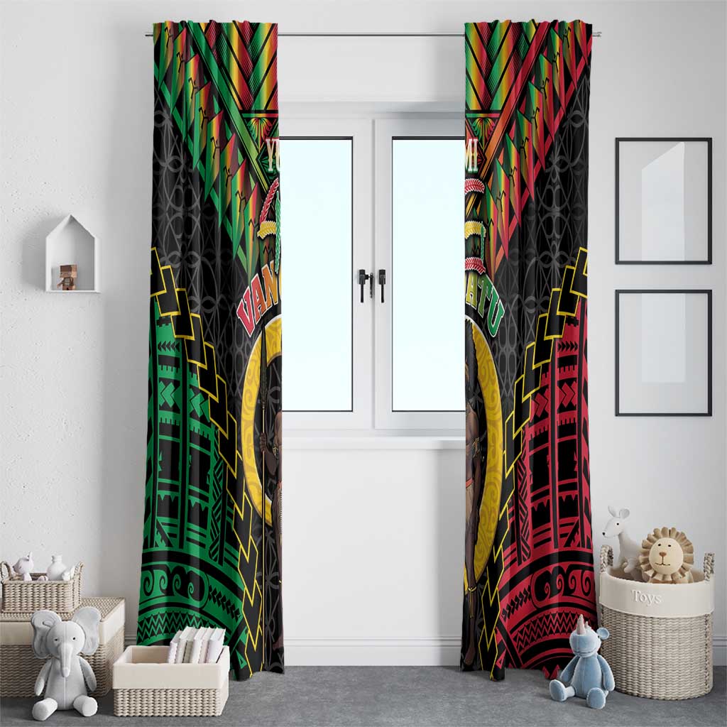 Vanuatu 45th Anniversary Independence Day Window Curtain Melanesian Warrior With Sand Drawing Pattern LT05 - Polynesian Pride