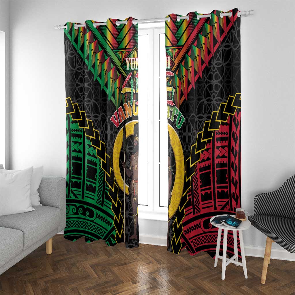 Vanuatu 45th Anniversary Independence Day Window Curtain Melanesian Warrior With Sand Drawing Pattern LT05 With Grommets Black - Polynesian Pride