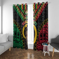 Vanuatu 45th Anniversary Independence Day Window Curtain Melanesian Warrior With Sand Drawing Pattern LT05 With Grommets Black - Polynesian Pride
