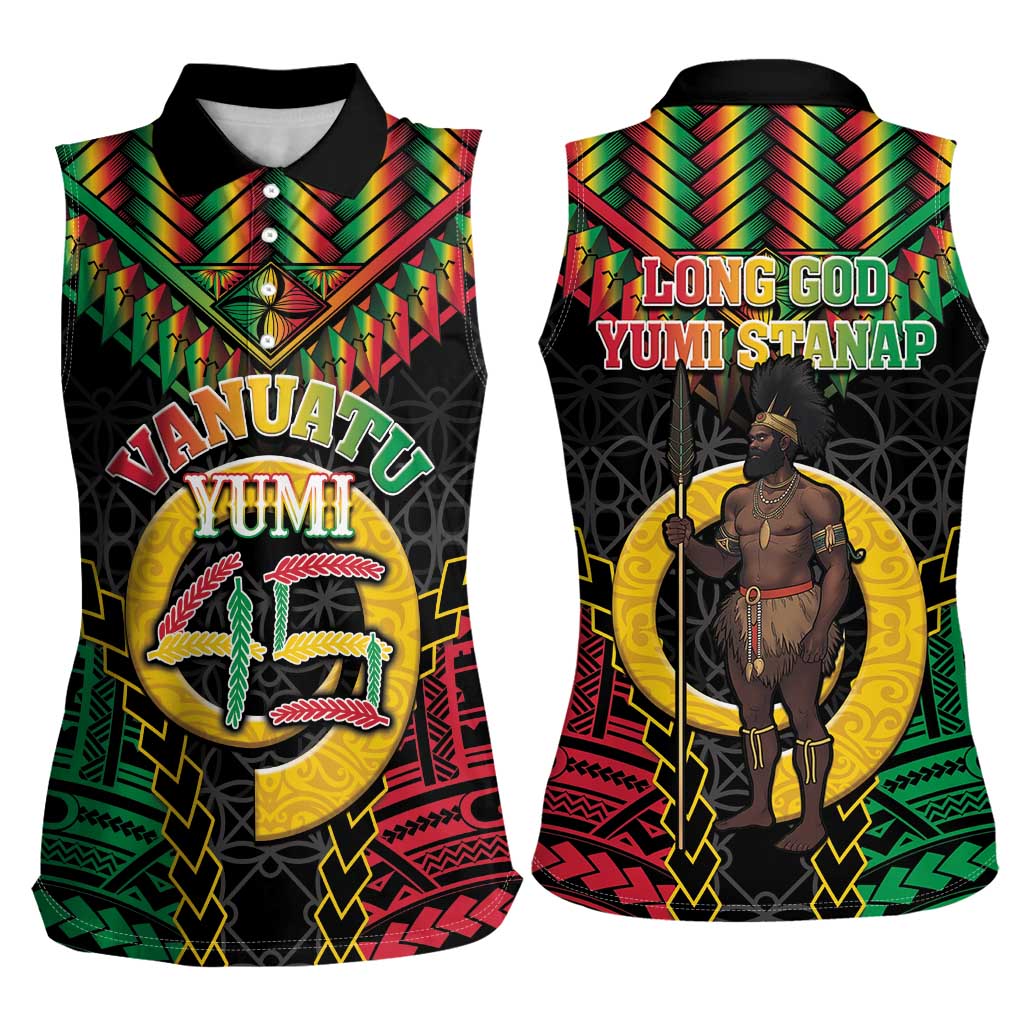 Vanuatu 45th Anniversary Independence Day Women Sleeveless Polo Shirt Melanesian Warrior With Sand Drawing Pattern LT05