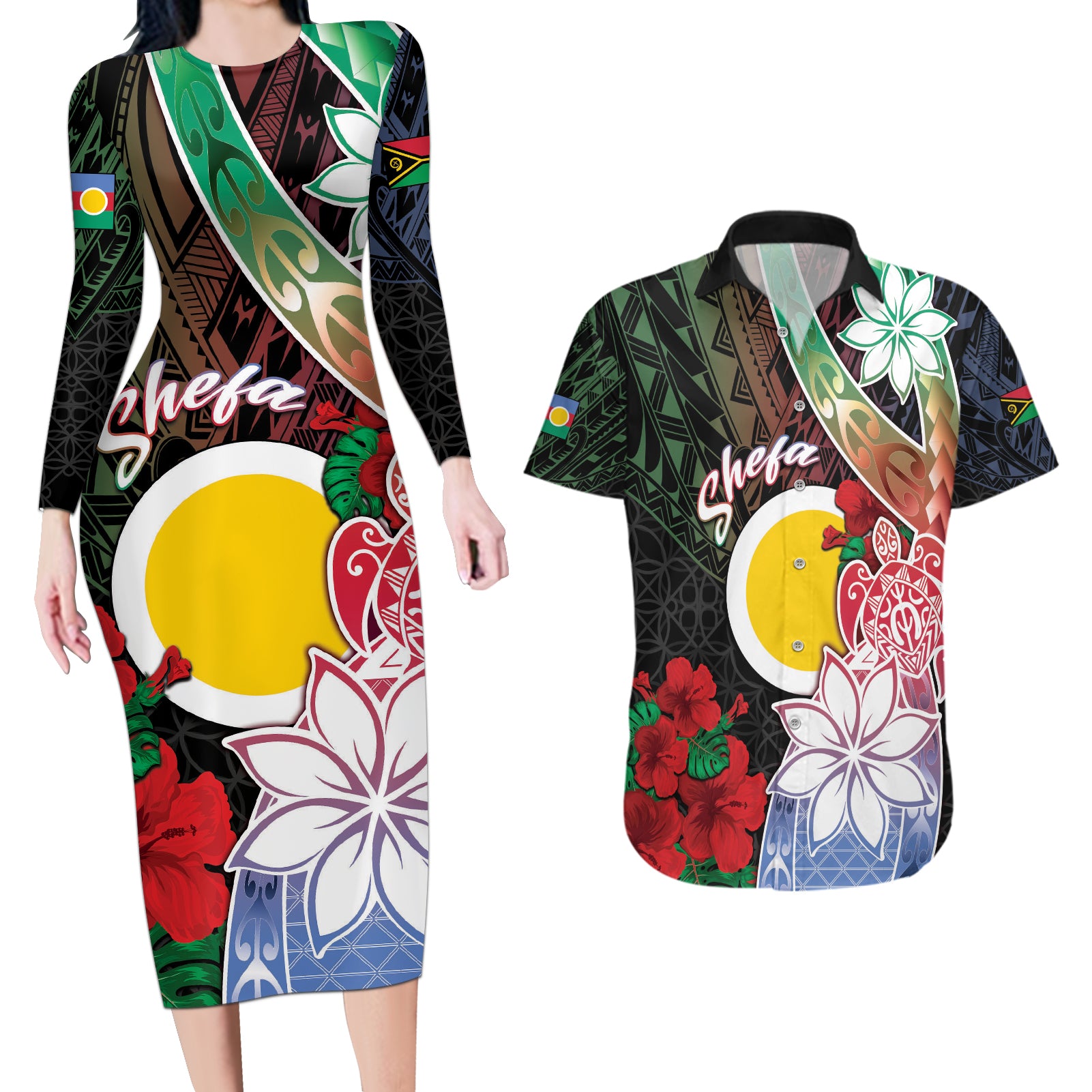 Personalised Vanuatu Shefa Day Couples Matching Long Sleeve Bodycon Dress and Hawaiian Shirt Floral Pattern