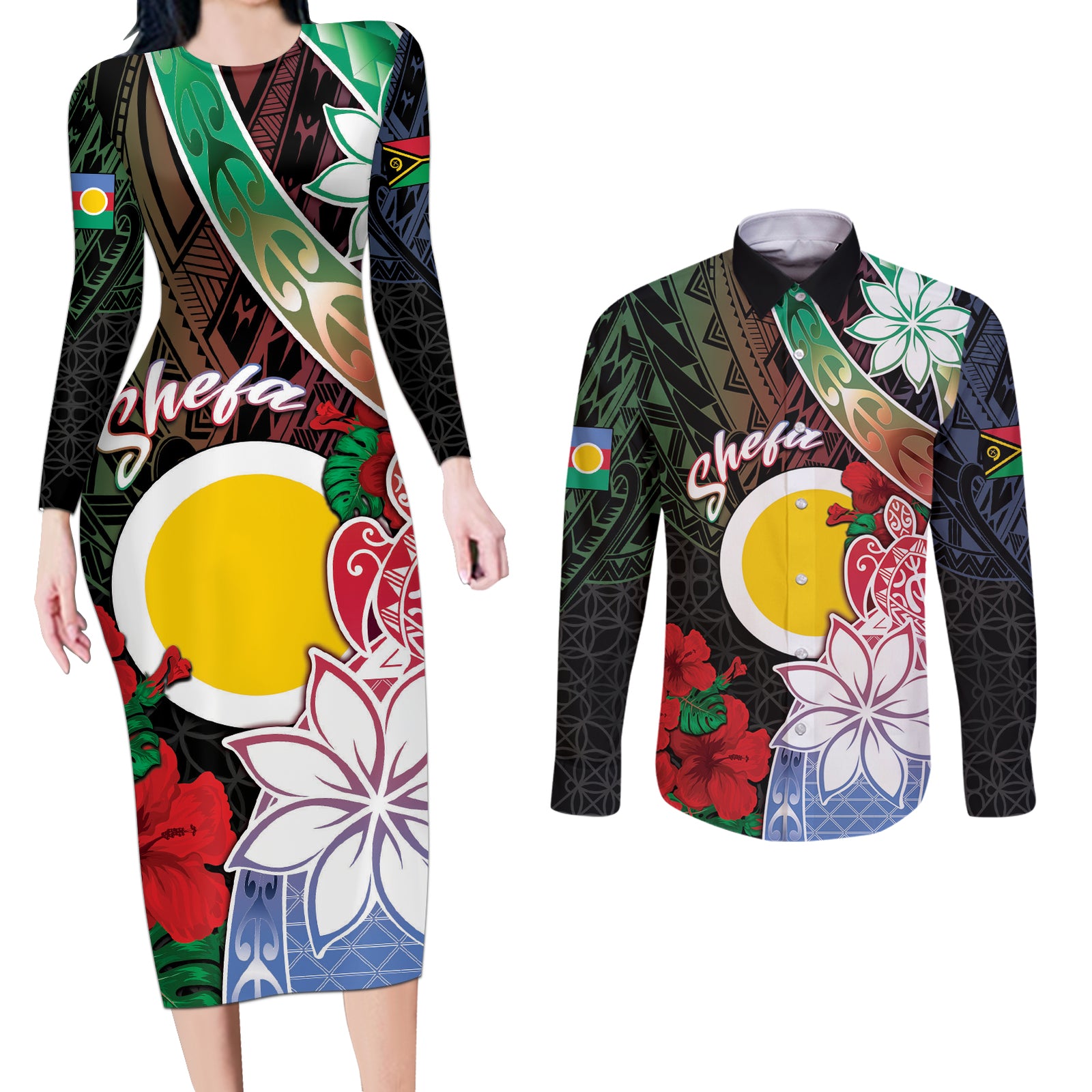 Personalised Vanuatu Shefa Day Couples Matching Long Sleeve Bodycon Dress and Long Sleeve Button Shirt Floral Pattern LT05 Black - Polynesian Pride