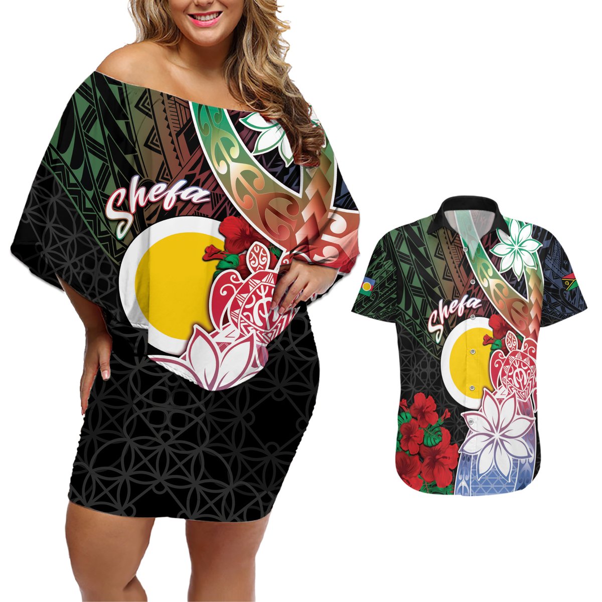 Personalised Vanuatu Shefa Day Couples Matching Off Shoulder Short Dress and Hawaiian Shirt Floral Pattern LT05 Black - Polynesian Pride