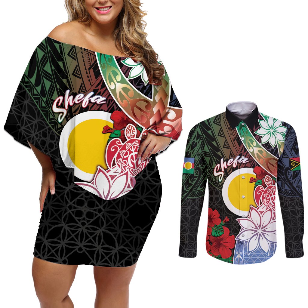 Personalised Vanuatu Shefa Day Couples Matching Off Shoulder Short Dress and Long Sleeve Button Shirt Floral Pattern LT05 Black - Polynesian Pride