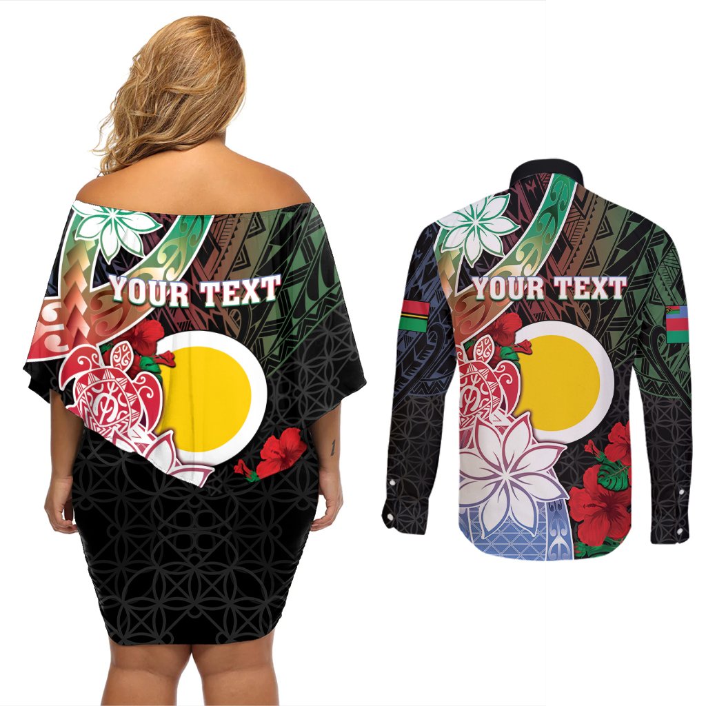 Personalised Vanuatu Shefa Day Couples Matching Off Shoulder Short Dress and Long Sleeve Button Shirt Floral Pattern LT05 - Polynesian Pride